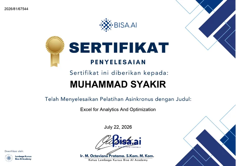 Sertifikat Excel for Analytics and Optimization